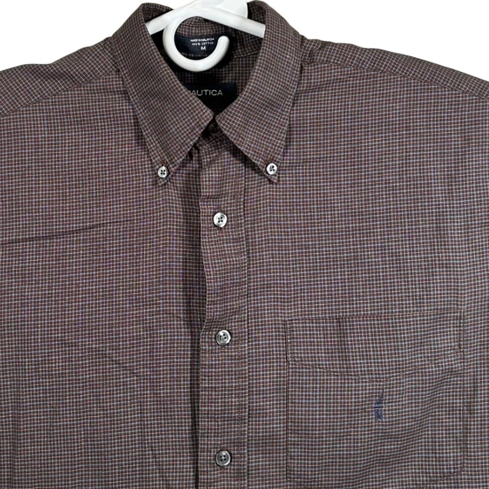 Nautica Mens‎ Brown Blue Micro Check Long Sleeve Button Down Shirt Size M